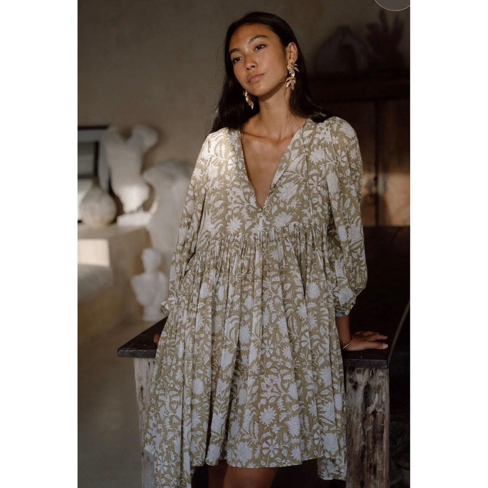 Daughters of India Kyra Mini Dress Ochre Floral Cotton Boho Size S